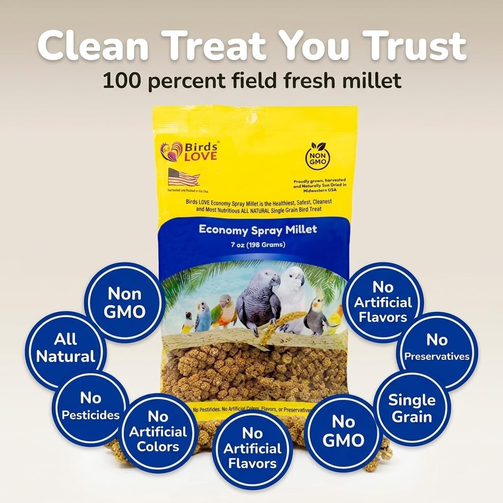 Birds LOVE® Millet Tips & Tails for Birds – Premium Spray Millet Treat, Grown in the USA – Natural & Healthy Bird Food for Parakeets, Cockatiels, Budgies, Lovebirds, Finches, Canaries & Parrots – 1 lb