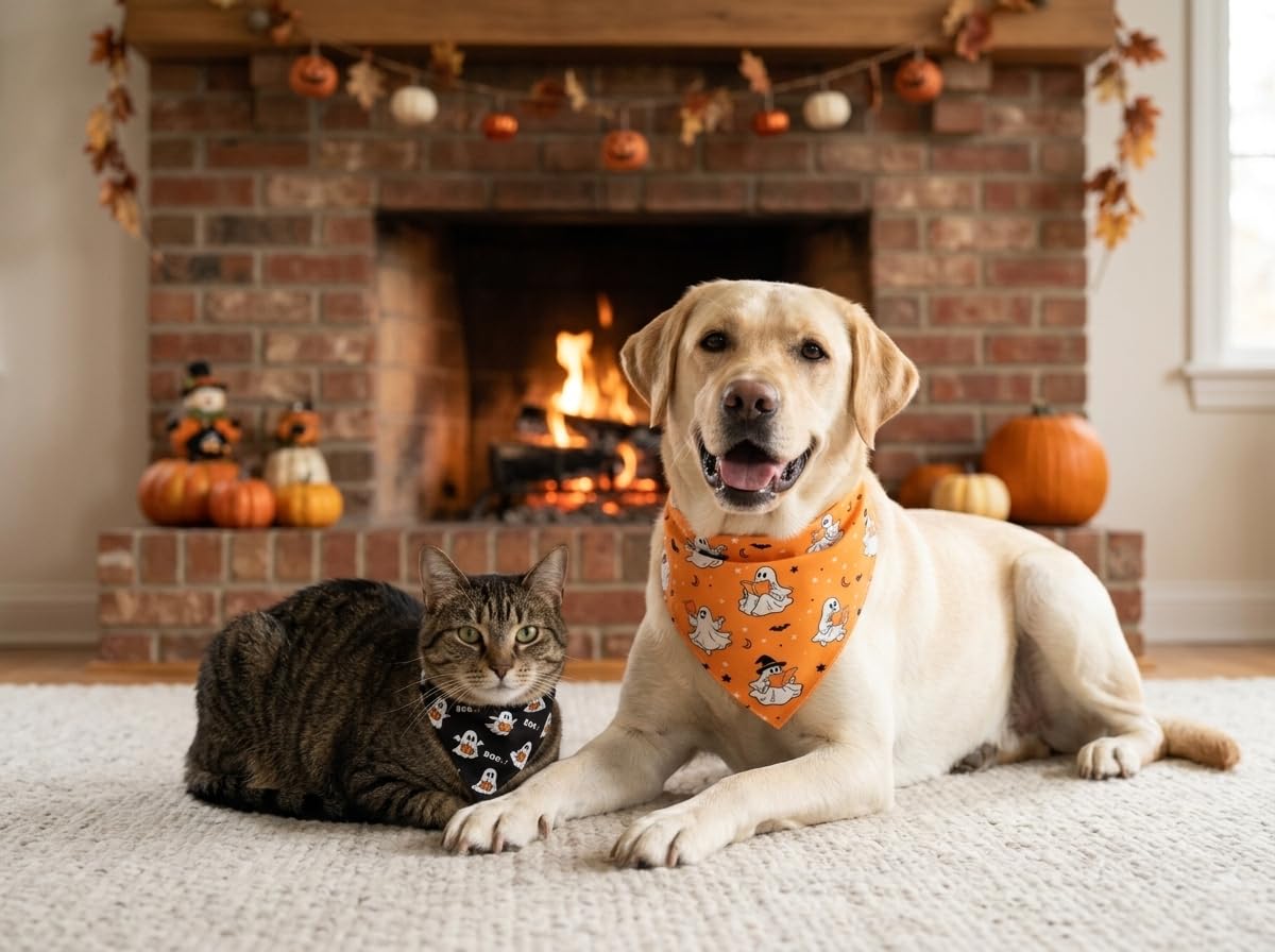 Halloween Dog Bandanas Cute Ghost Reversible Pet Outfit 2PCS Large