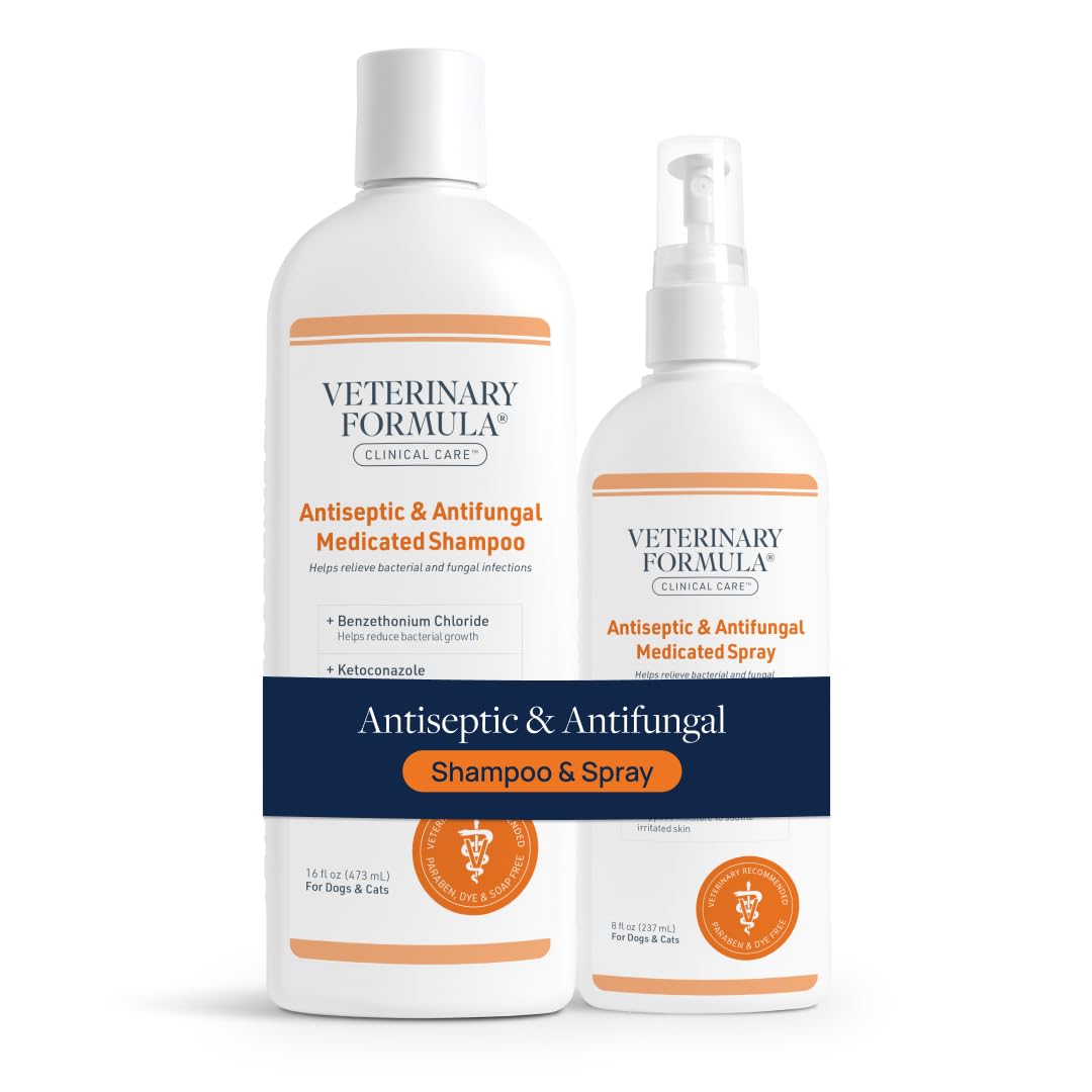 Veterinary Formula Clinical Care Antiseptic & Antifungal Medicated Shampoo and Spray for Dogs and Cats - Helps Alleviate Scaly, Greasy, or Red Skin - Paraben, Dye, and Soap Free, 2 Pack Bundle
