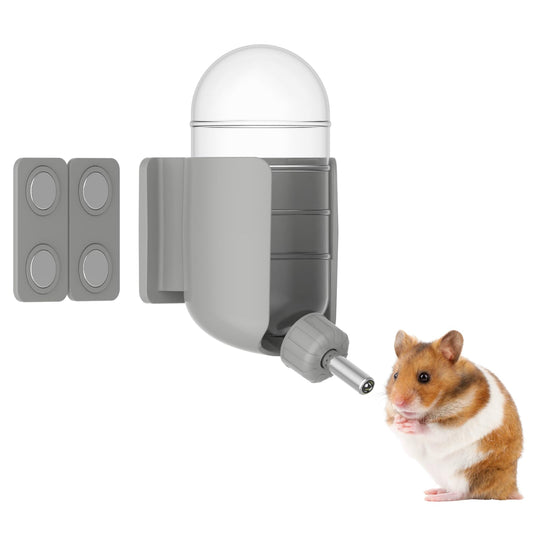 Hamster Water Bottle with Magnetic Holder, Freestanding Water Bottle for Glass Tanks, Suitable for Syrian Dwarf Hamsters Gerbils Mice Rats Degus (Grey, 4 oz (Magnetic-Mounted))