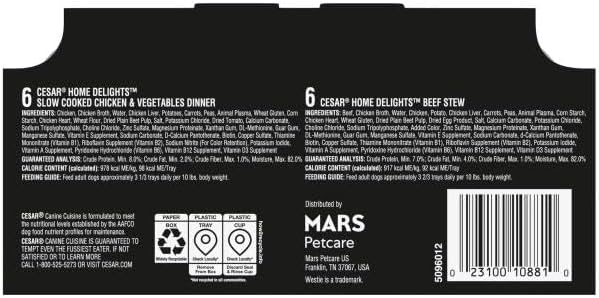 Cesar Home Delights Adult Wet Dog Food, Pot Roast with Spring Vegetables, Beef Stew, Turkey, Green Beans, & Potatoes, and Hearty Chicken & Noodle Dinner in Sauce Variety Pack, 3.5 oz. 24 Count