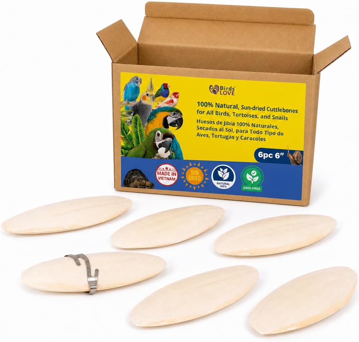 Birds LOVE 3.5-4″ Cuttlebone for Birds – 100% Natural Sun-Dried Calcium & Beak Conditioning Supplement for Parakeets, Budgies, Cockatiels, Finches & Canaries – 4 Pack with Holder – Made in Vietnam