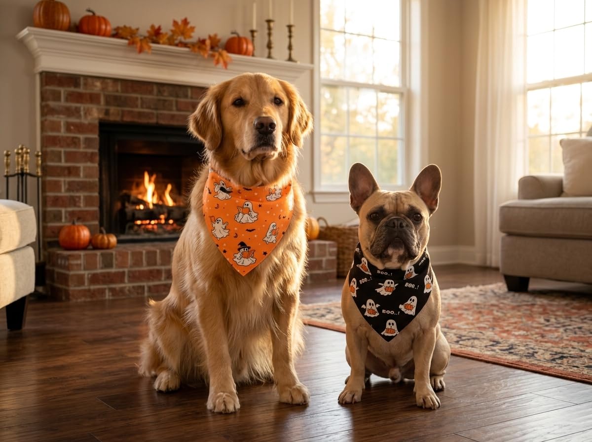 Halloween Dog Bandanas Cute Ghost Reversible Pet Outfit 2PCS Large