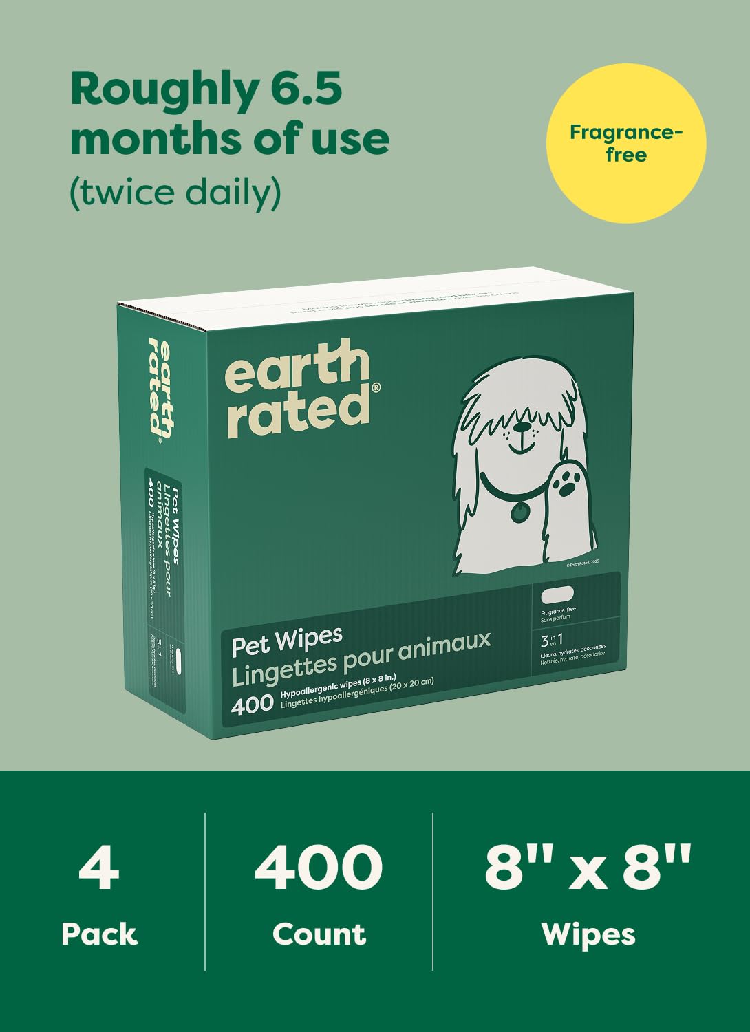 Earth Rated Pet Wipes for Dogs and Cats, Hypoallergenic, 3-in-1 Cleaning, Deodorizing and Hydrating, for Grooming Paws, Body and Butt, Unscented, 100 Count