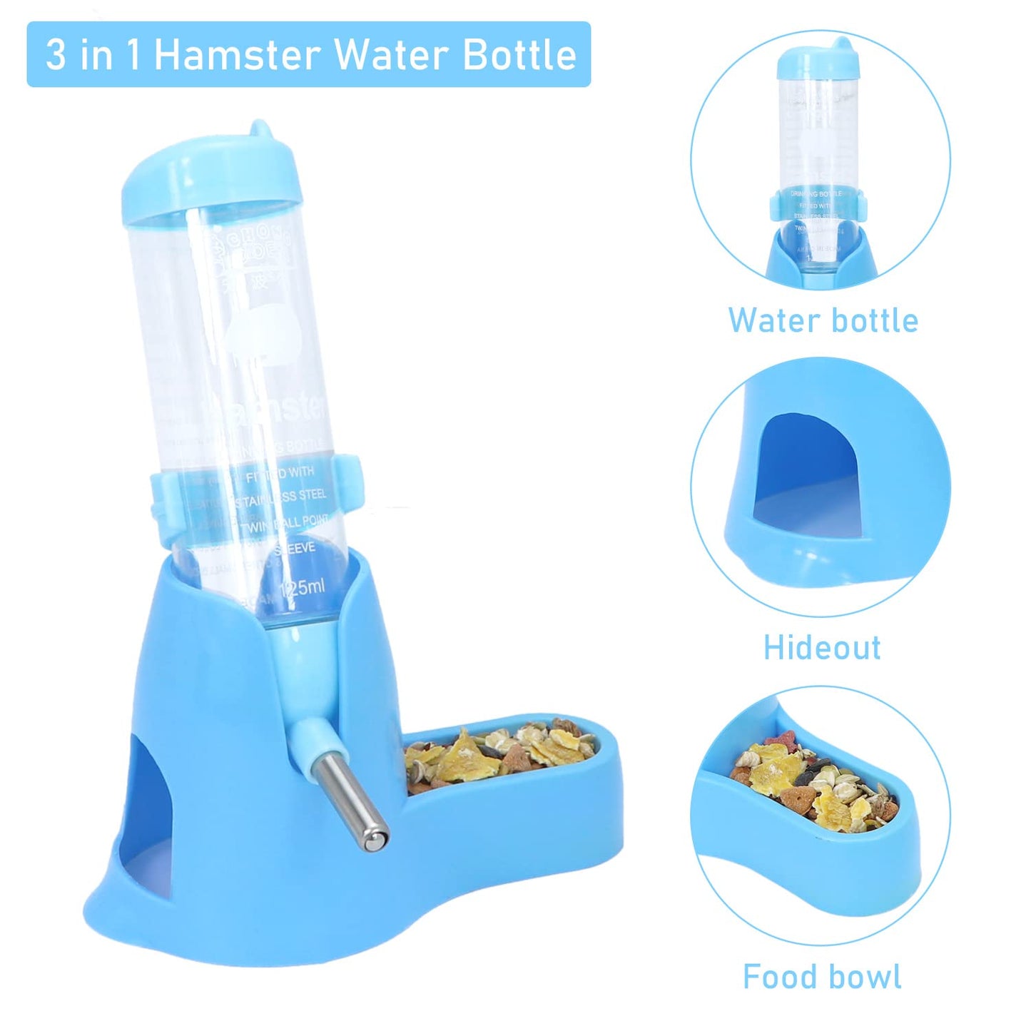 Wontee Hamster Water Bottle Water Dispenser Hamster Silent Exercise Running Wheel for Dwarf Hamsters Gerbil Mice (Blue, 80ML)