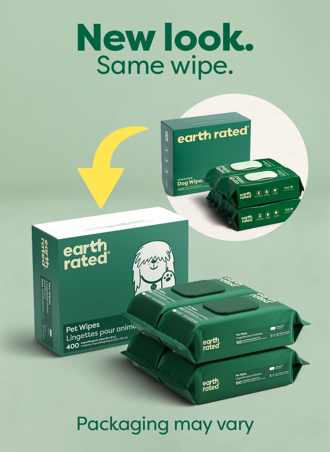 Earth Rated Pet Wipes for Dogs and Cats, Hypoallergenic, 3-in-1 Cleaning, Deodorizing and Hydrating, for Grooming Paws, Body and Butt, Unscented, 100 Count