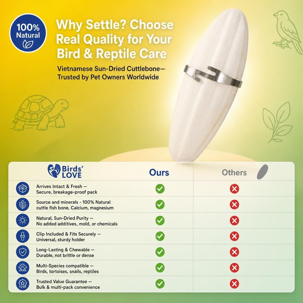 Birds LOVE 3.5-4″ Cuttlebone for Birds – 100% Natural Sun-Dried Calcium & Beak Conditioning Supplement for Parakeets, Budgies, Cockatiels, Finches & Canaries – 4 Pack with Holder – Made in Vietnam