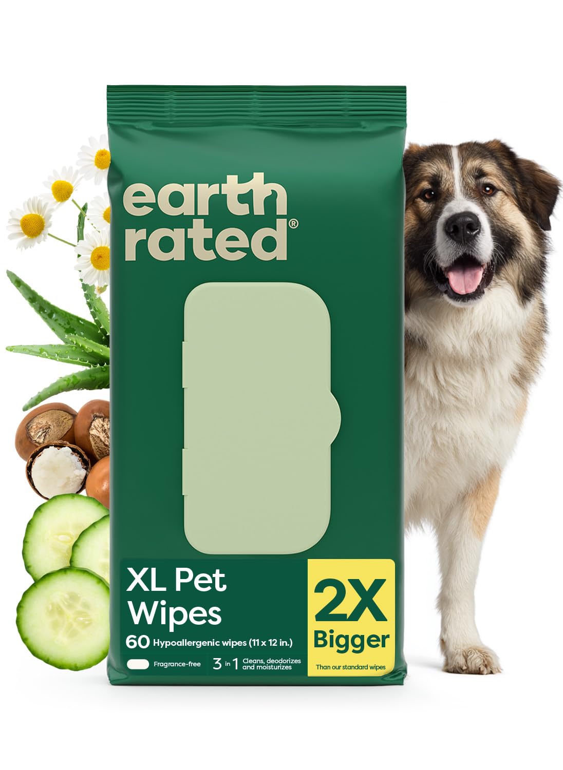 Earth Rated Pet Wipes for Dogs and Cats, Hypoallergenic, 3-in-1 Cleaning, Deodorizing and Hydrating, for Grooming Paws, Body and Butt, Unscented, 100 Count