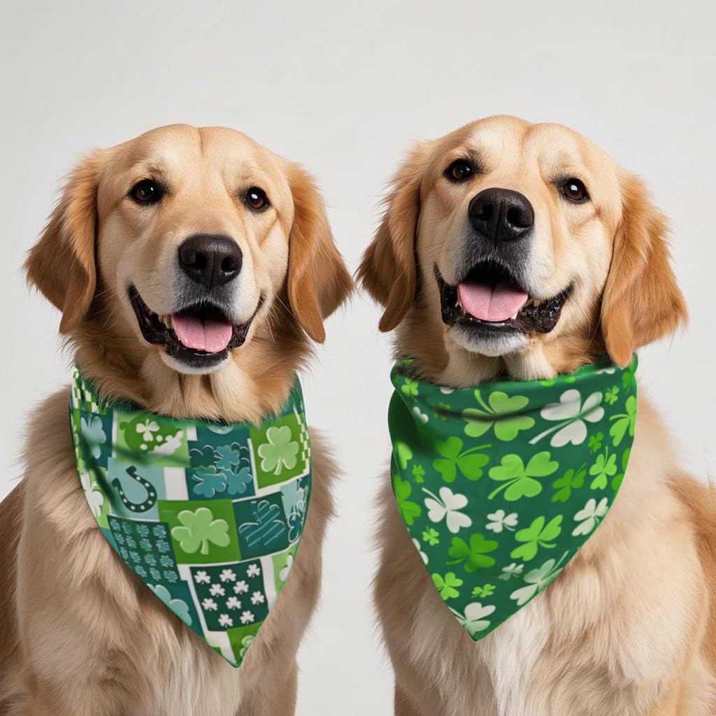 Christmas Dog Bandanas 2PCS-Large,Red-Green Plaid Scarf w/Tassels for Dogs