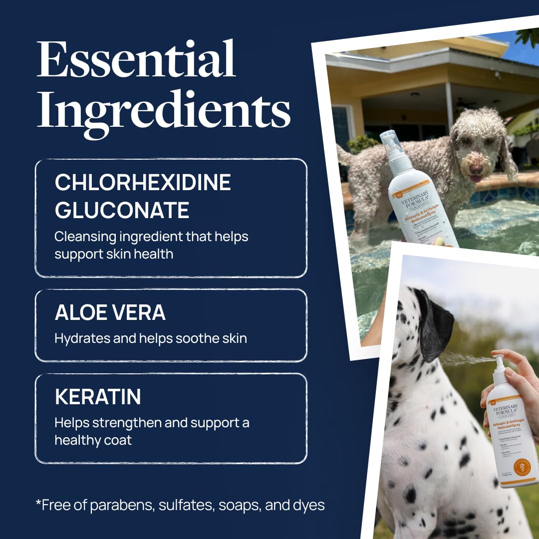 Veterinary Formula Clinical Care Antiseptic & Antifungal Medicated Shampoo and Spray for Dogs and Cats - Helps Alleviate Scaly, Greasy, or Red Skin - Paraben, Dye, and Soap Free, 2 Pack Bundle