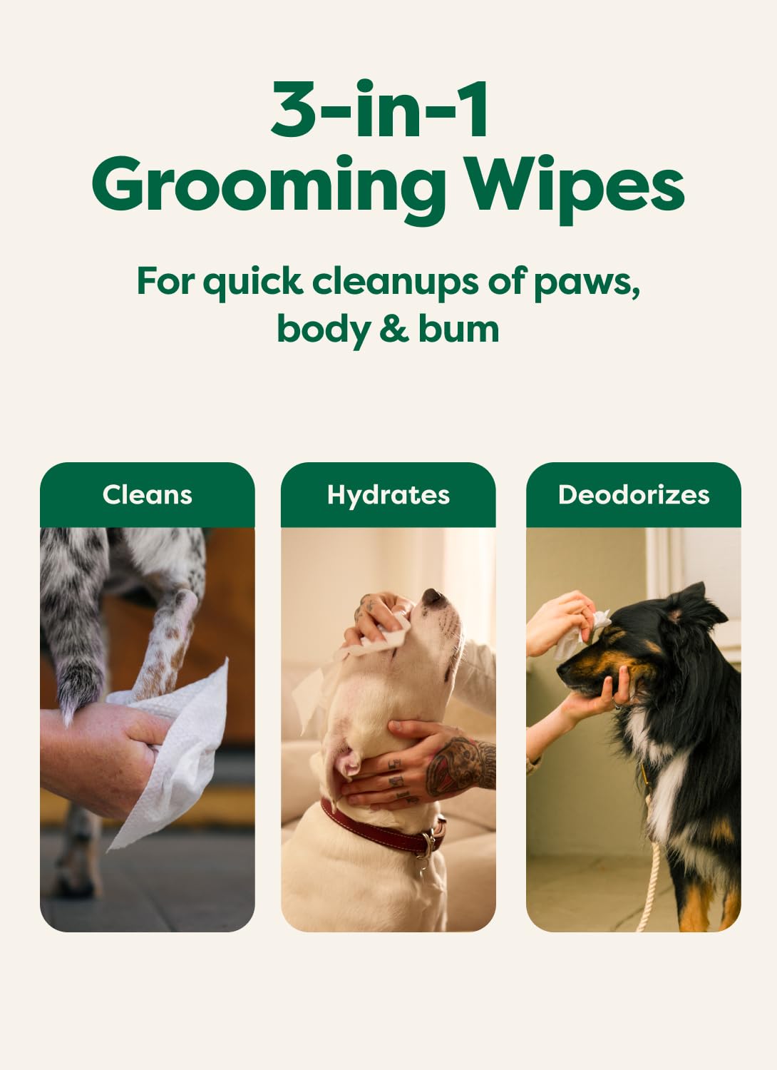 Earth Rated Pet Wipes for Dogs and Cats, Hypoallergenic, 3-in-1 Cleaning, Deodorizing and Hydrating, for Grooming Paws, Body and Butt, Unscented, 100 Count