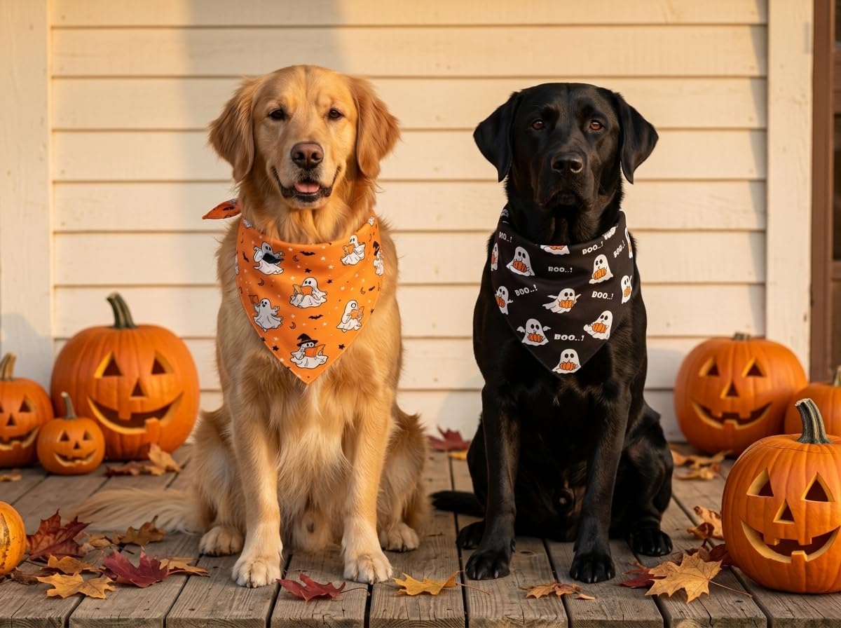Halloween Dog Bandanas Cute Ghost Reversible Pet Outfit 2PCS Large