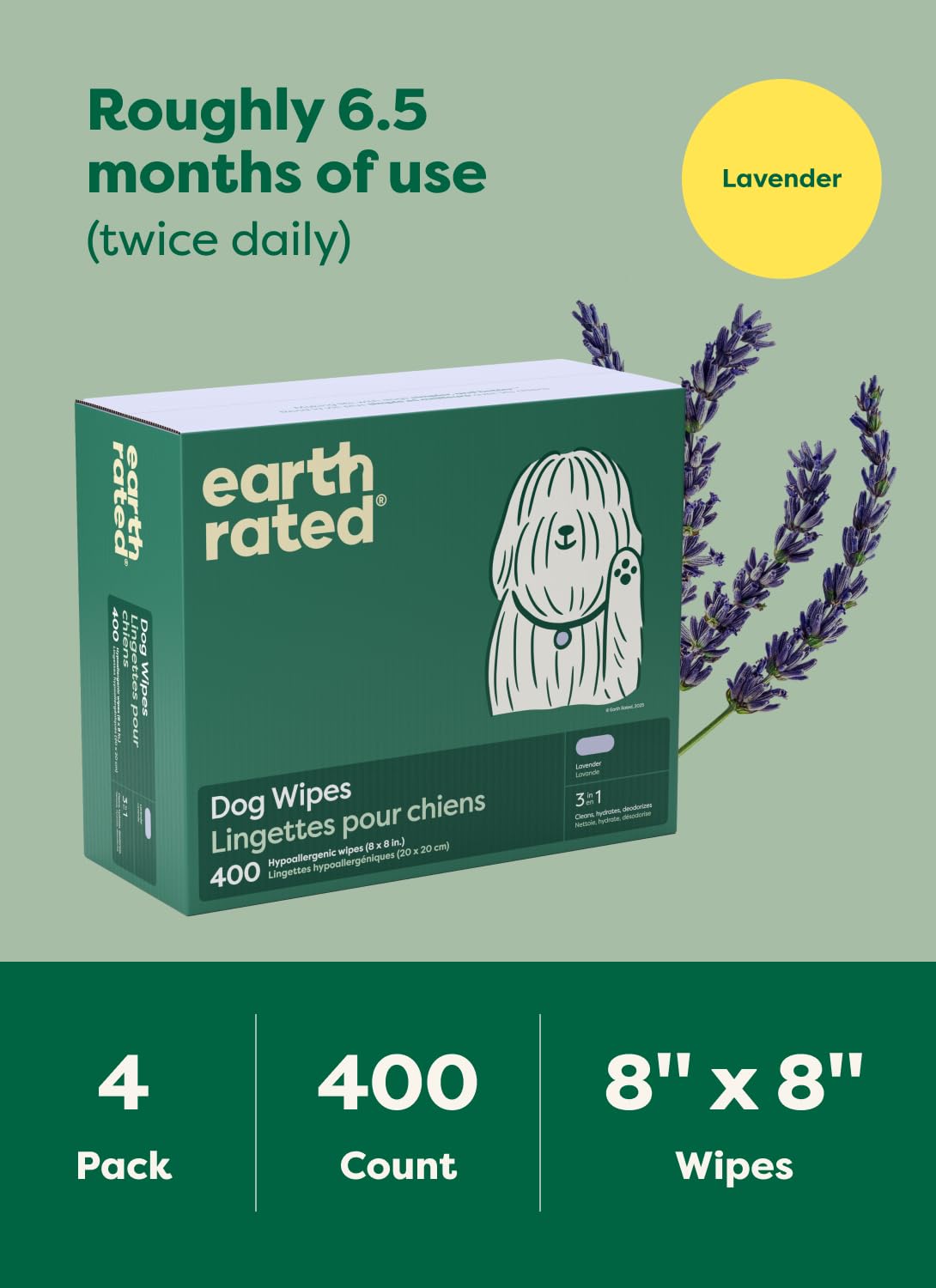 Earth Rated Pet Wipes for Dogs and Cats, Hypoallergenic, 3-in-1 Cleaning, Deodorizing and Hydrating, for Grooming Paws, Body and Butt, Unscented, 100 Count