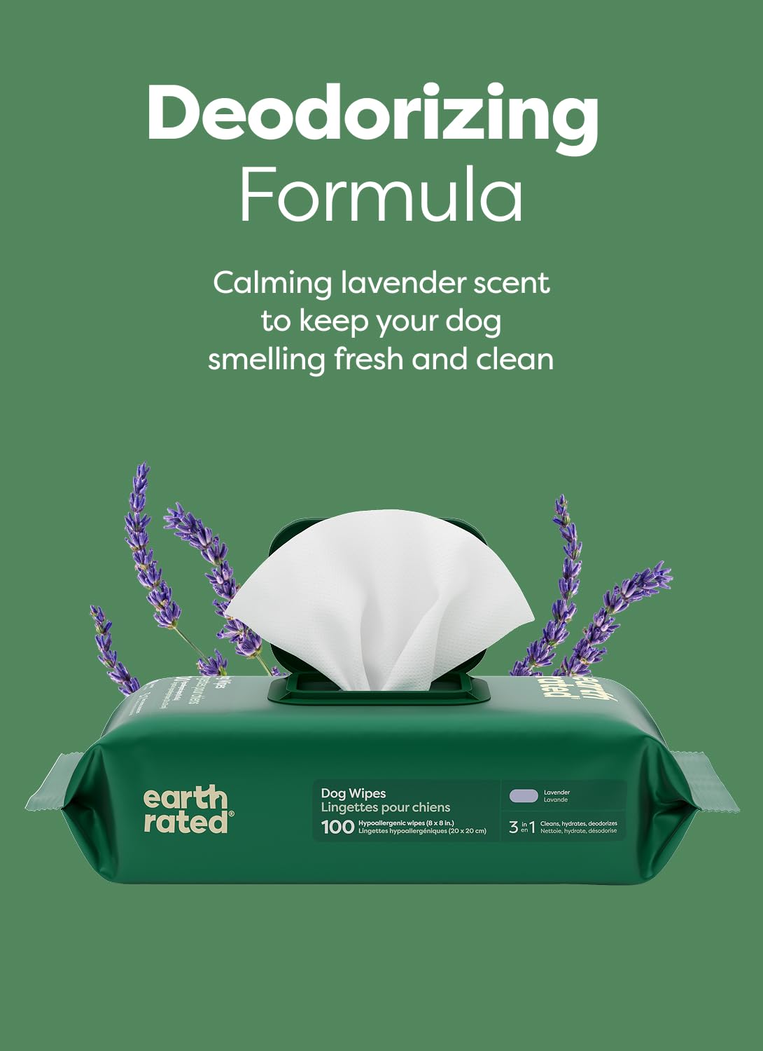Earth Rated Pet Wipes for Dogs and Cats, Hypoallergenic, 3-in-1 Cleaning, Deodorizing and Hydrating, for Grooming Paws, Body and Butt, Unscented, 100 Count
