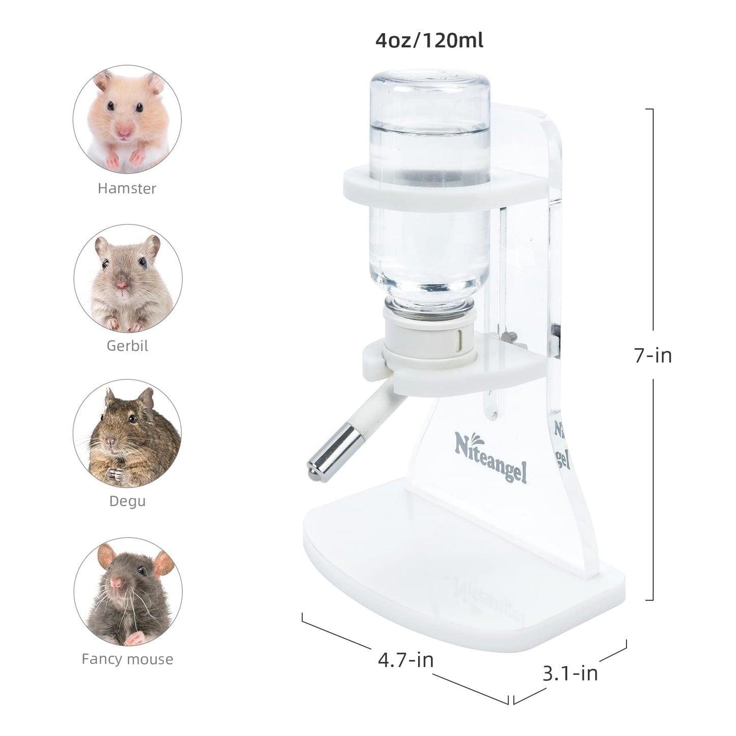 Niteangel Water Bottle with Stand for Syrian Dwarf Hamsters Gerbils Mice Rats Degus Small pet Rodents(White)