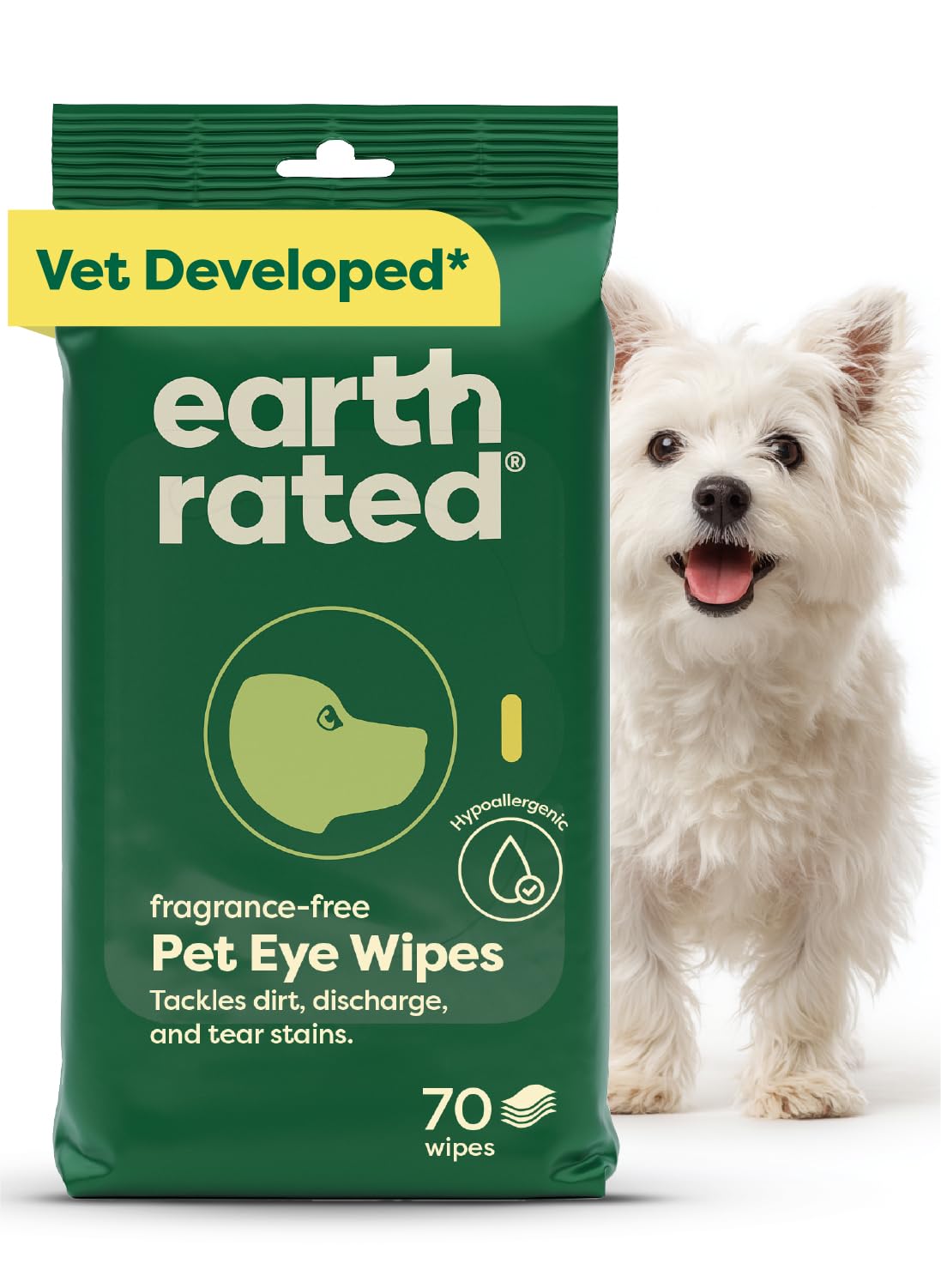 Earth Rated Pet Wipes for Dogs and Cats, Hypoallergenic, 3-in-1 Cleaning, Deodorizing and Hydrating, for Grooming Paws, Body and Butt, Unscented, 100 Count