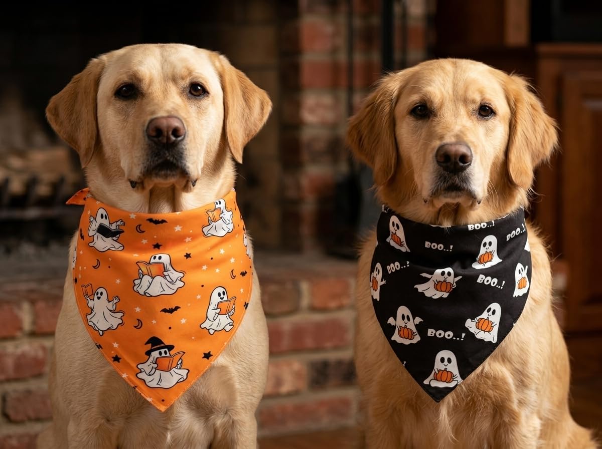 Halloween Dog Bandanas Cute Ghost Reversible Pet Outfit 2PCS Large