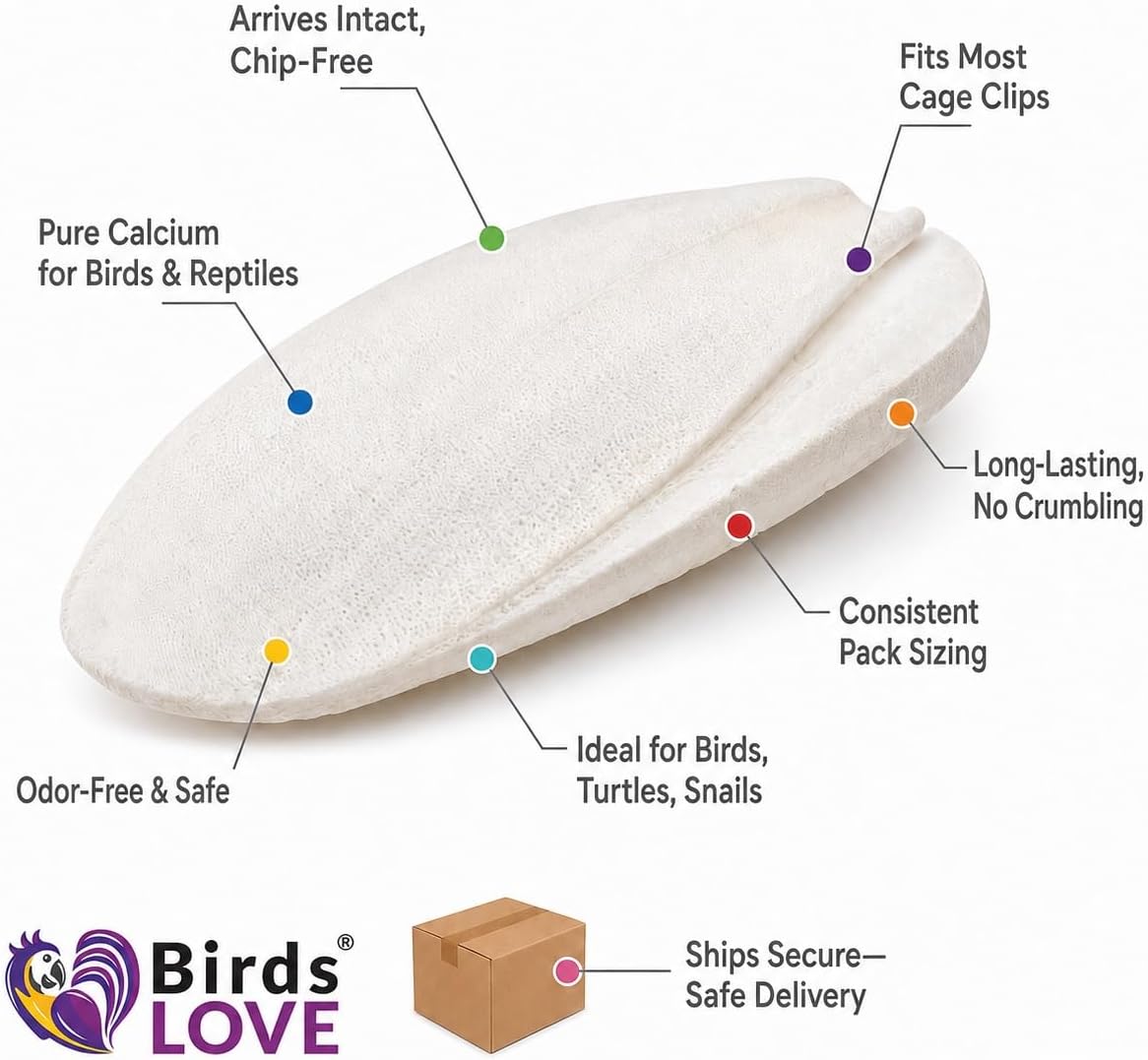 Birds LOVE 3.5-4″ Cuttlebone for Birds – 100% Natural Sun-Dried Calcium & Beak Conditioning Supplement for Parakeets, Budgies, Cockatiels, Finches & Canaries – 4 Pack with Holder – Made in Vietnam