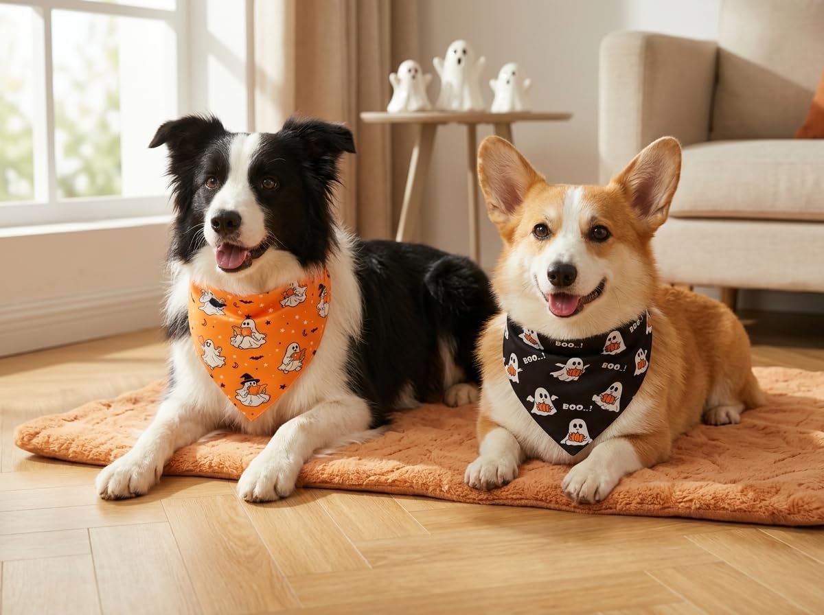 Halloween Dog Bandanas Cute Ghost Reversible Pet Outfit 2PCS Large