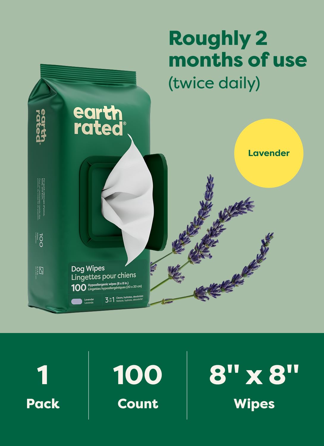 Earth Rated Pet Wipes for Dogs and Cats, Hypoallergenic, 3-in-1 Cleaning, Deodorizing and Hydrating, for Grooming Paws, Body and Butt, Unscented, 100 Count