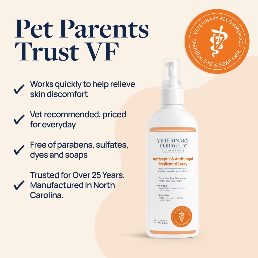 Veterinary Formula Clinical Care Antiseptic & Antifungal Medicated Shampoo and Spray for Dogs and Cats - Helps Alleviate Scaly, Greasy, or Red Skin - Paraben, Dye, and Soap Free, 2 Pack Bundle
