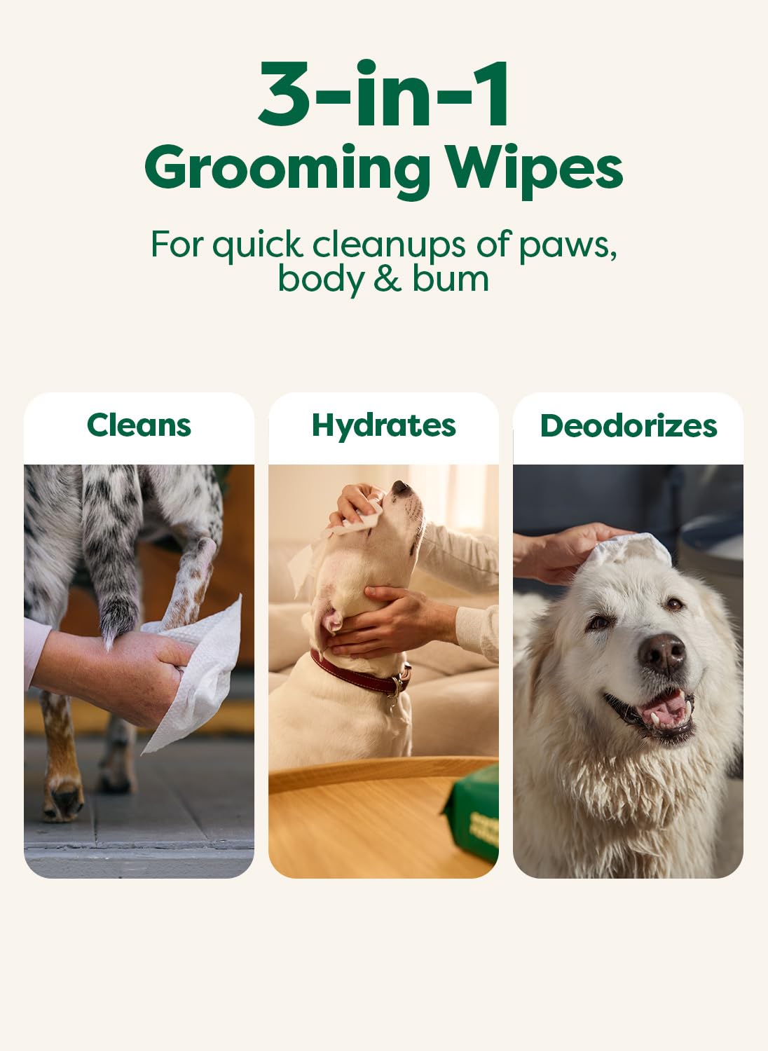 Earth Rated Pet Wipes for Dogs and Cats, Hypoallergenic, 3-in-1 Cleaning, Deodorizing and Hydrating, for Grooming Paws, Body and Butt, Unscented, 100 Count