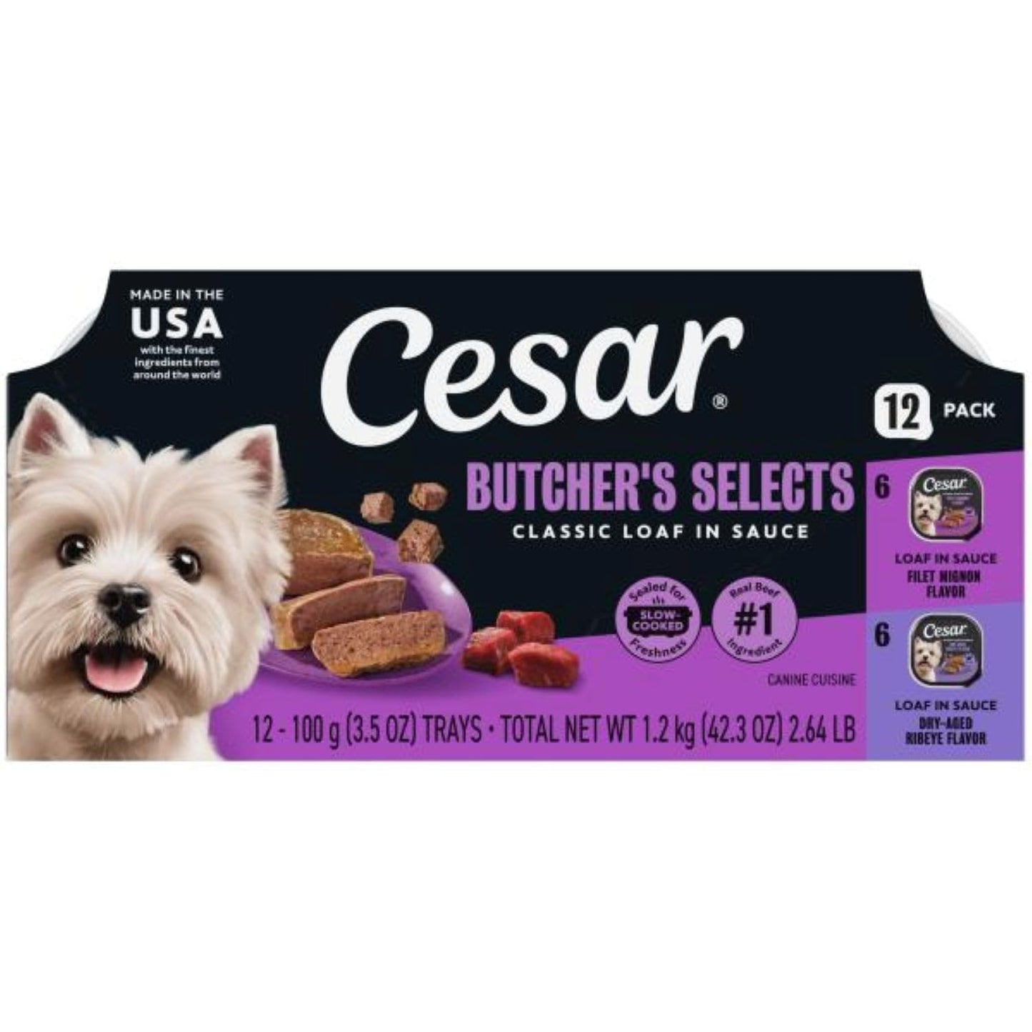 Cesar Classic Loaf in Sauce Wet Dog Food, Beef Recipe, Filet Mignon Flavor, Grilled Chicken Flavor, and Porterhouse Steak Flavor, 3.5 oz. Easy Peel Trays, Variety Pack (24 Count, Pack of 1)