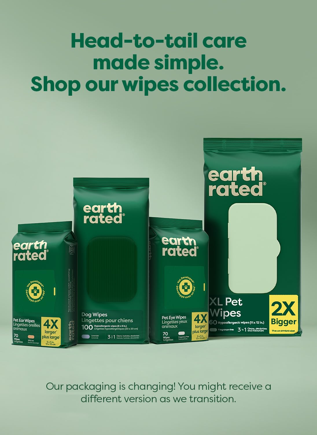 Earth Rated Pet Wipes for Dogs and Cats, Hypoallergenic, 3-in-1 Cleaning, Deodorizing and Hydrating, for Grooming Paws, Body and Butt, Unscented, 100 Count