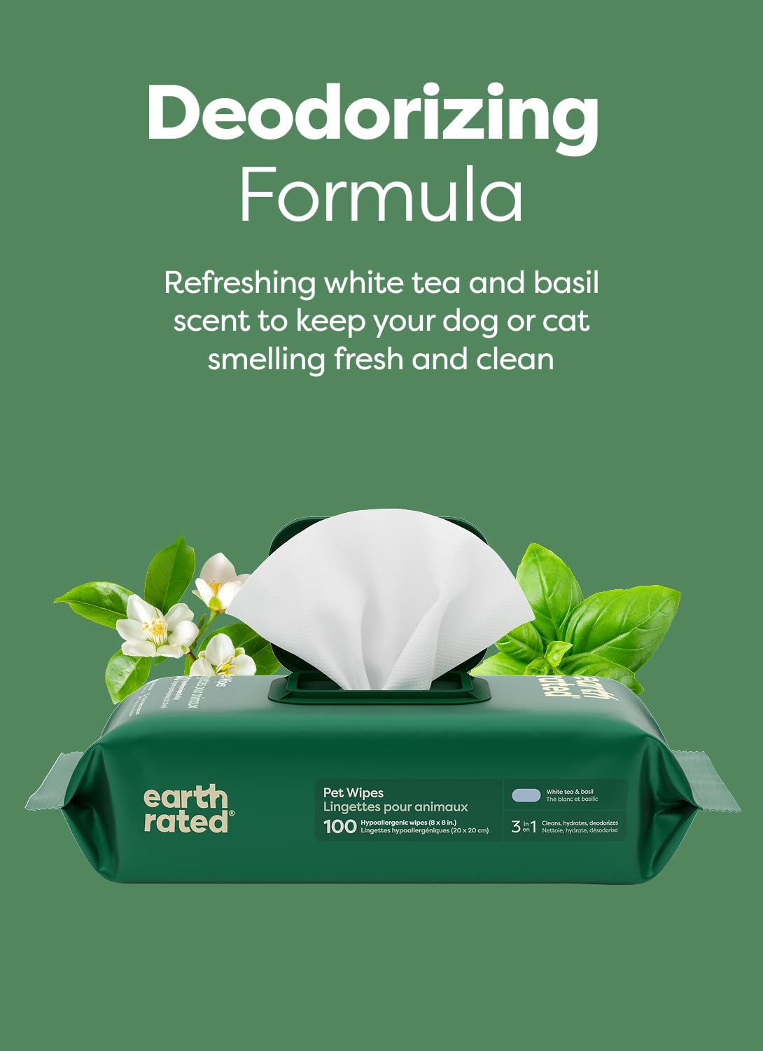 Earth Rated Pet Wipes for Dogs and Cats, Hypoallergenic, 3-in-1 Cleaning, Deodorizing and Hydrating, for Grooming Paws, Body and Butt, Unscented, 100 Count