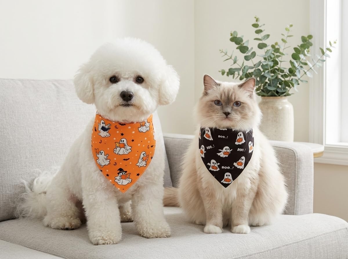 Halloween Dog Bandanas Cute Ghost Reversible Pet Outfit 2PCS Large