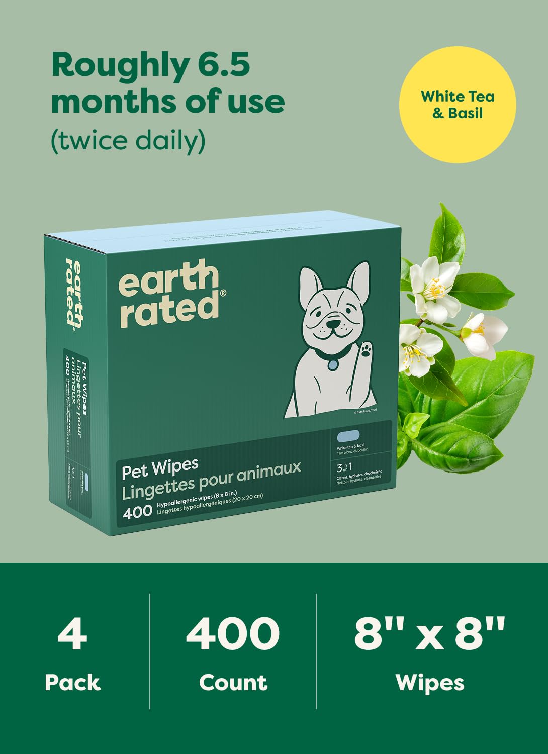 Earth Rated Pet Wipes for Dogs and Cats, Hypoallergenic, 3-in-1 Cleaning, Deodorizing and Hydrating, for Grooming Paws, Body and Butt, Unscented, 100 Count