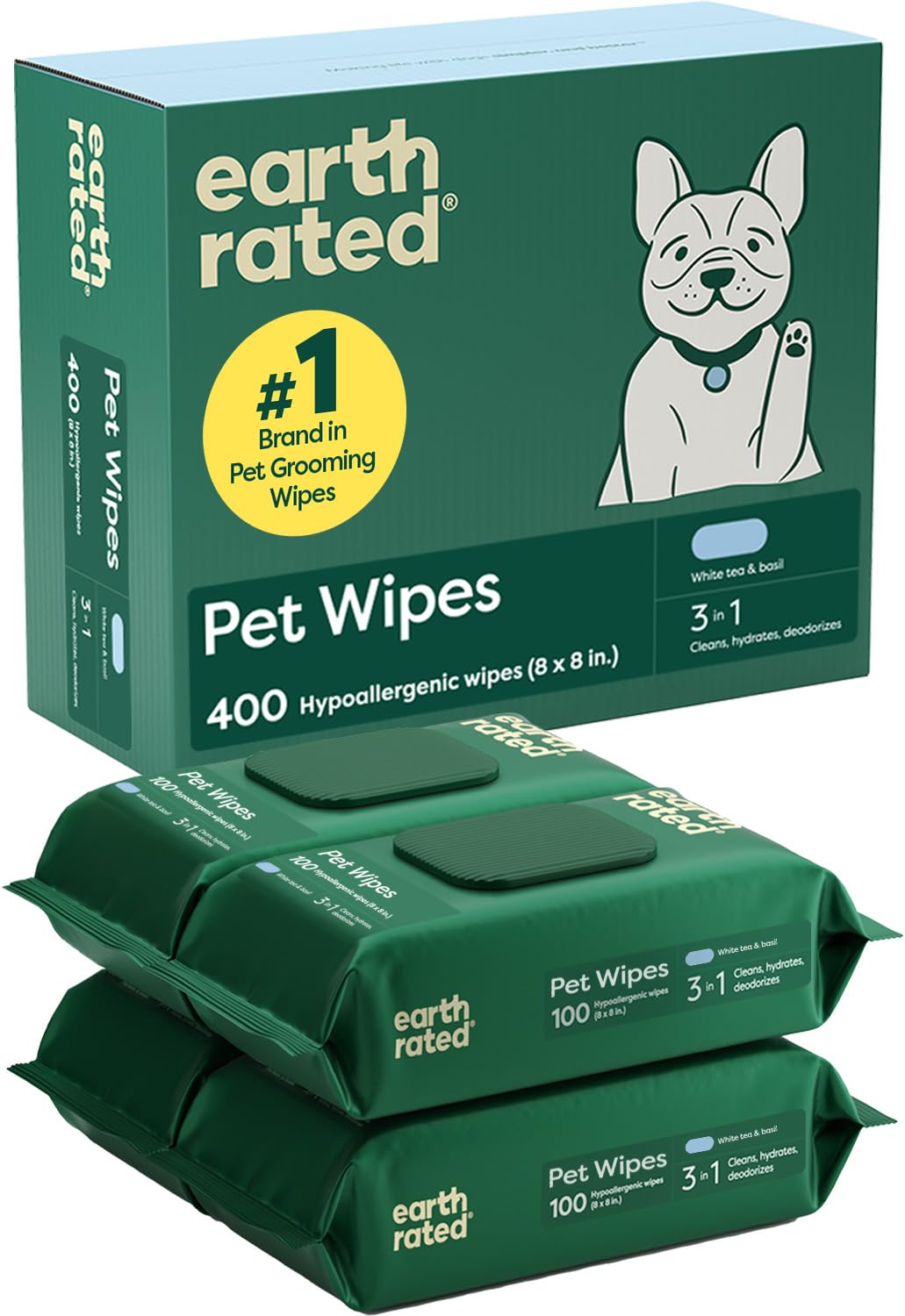 Earth Rated Pet Wipes for Dogs and Cats, Hypoallergenic, 3-in-1 Cleaning, Deodorizing and Hydrating, for Grooming Paws, Body and Butt, Unscented, 100 Count