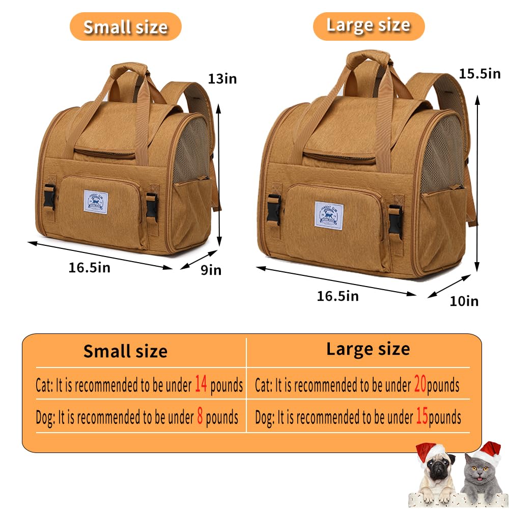 Pet Backpack Carrier for Small Dogs Medium Cats, Puppies,Breathable and Collapsible Design, Portable Travel Bag for Bearded Dragon,Rabbit Cage (Brown +Two-Shoulder, Small)
