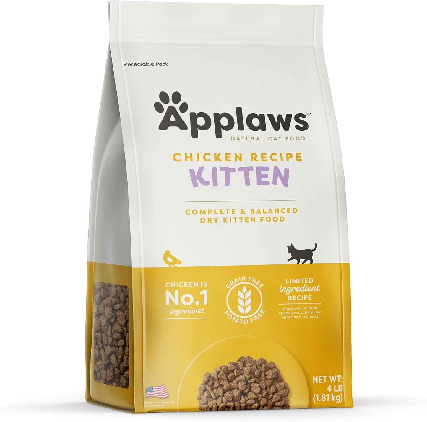 Applaws Complete Dry Cat Food, Grain-Free, Limited and Natural Ingredients, Added Vitamins & Minerals, High Protein, Supports Digestion, Chicken Recipe (4 Pound Bag)