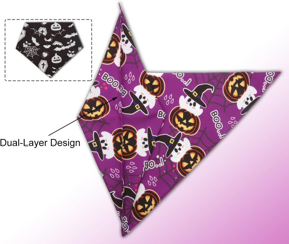 Halloween Dog Bandanas,Pumpkin and Cute Ghost Pet Scarf,Seasonal Outfit for Boy and Girl Dogs,Reversible Holiday Dog Costume for Medium to Large Dogs(2PCS,Purple,Black&White)