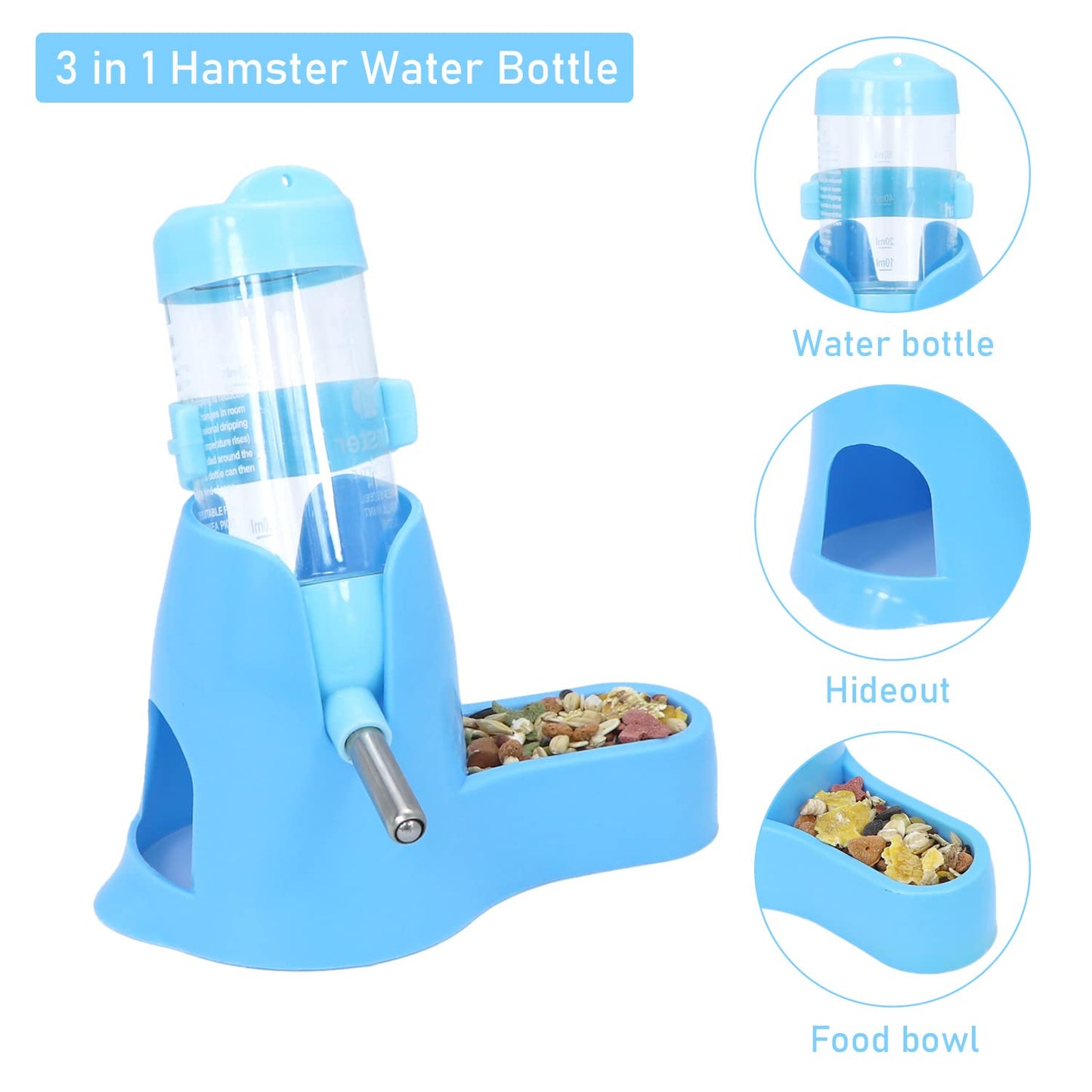 Wontee Hamster Water Bottle Water Dispenser Hamster Silent Exercise Running Wheel for Dwarf Hamsters Gerbil Mice (Blue, 80ML)