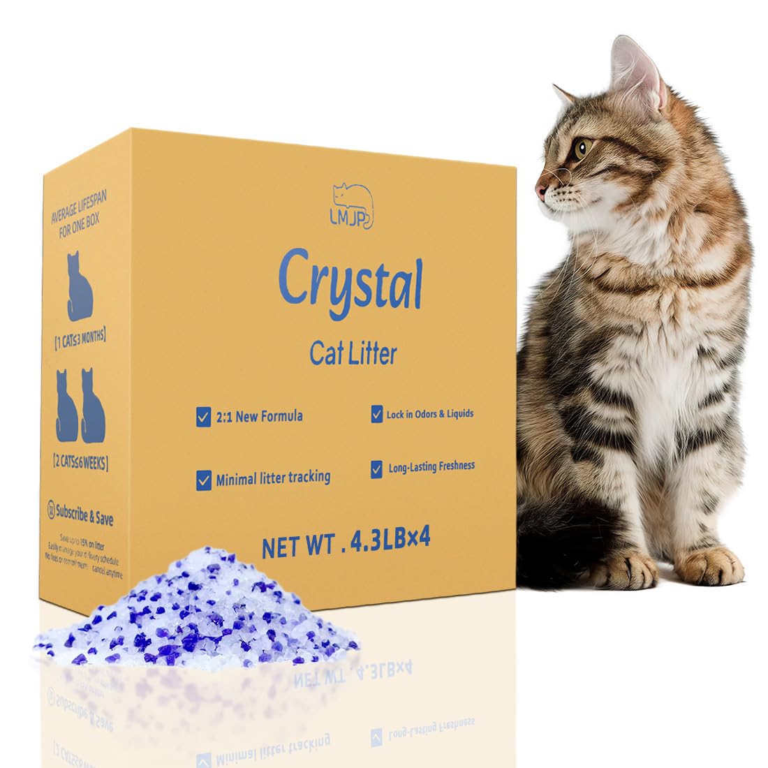 LMJP Crystal Cat Litter with Powerful Odor Control, Non-Clumping, Lasts Up to 2 Months, 8.6lb, Rapid Water Absorption, Unscented & Low Tracking Lightweight Blue & White Silica, 2 Pack of 4.3lb