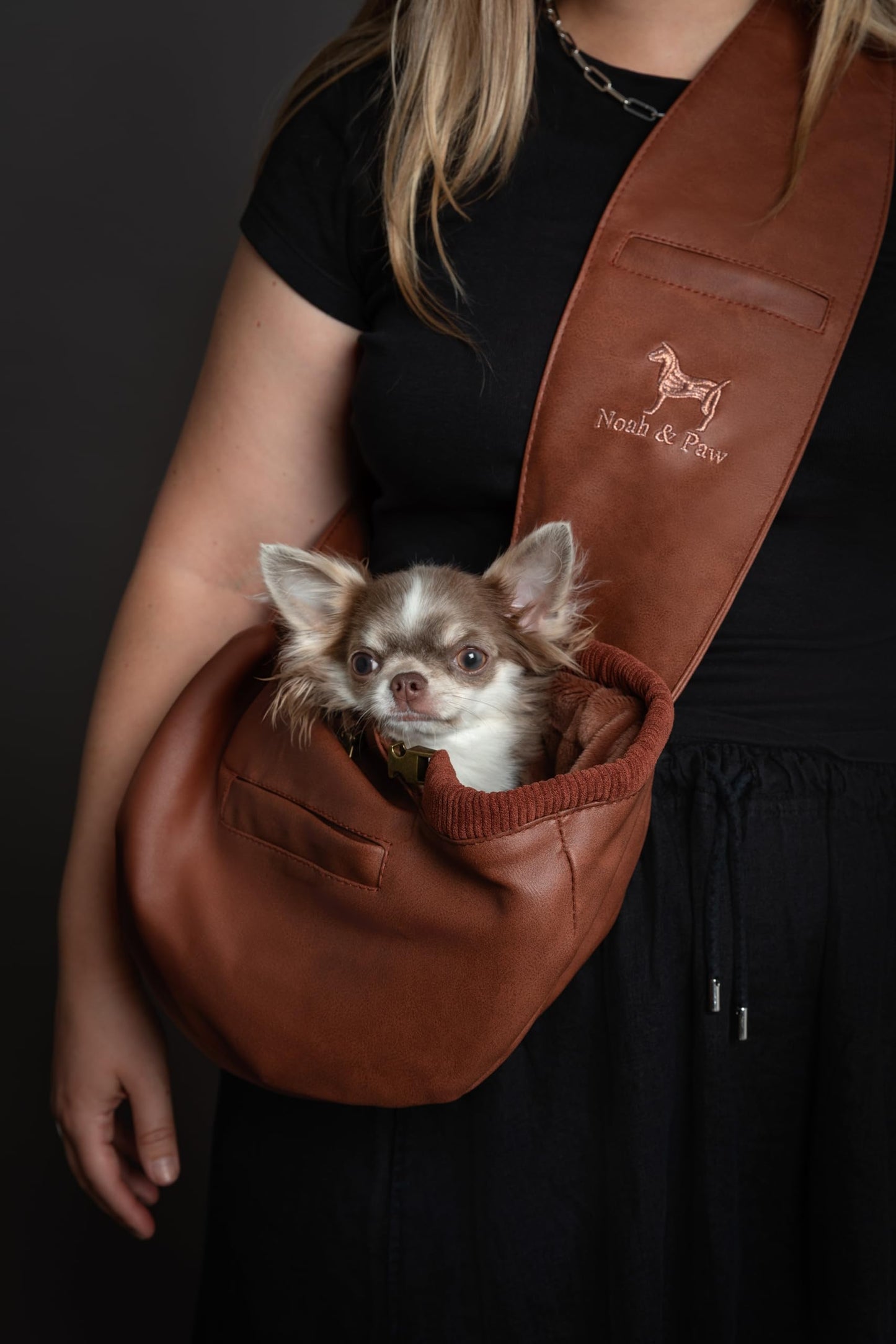 Noah & Paw Dog Sling Carrier for Small Dogs 5-18lb, Dog Sling for Small Dogs and Cats, Dog Carrier with Adjustable Padded Strap, Vegan Leather Lined with Fur, 3X Safety Features, Machine Washable