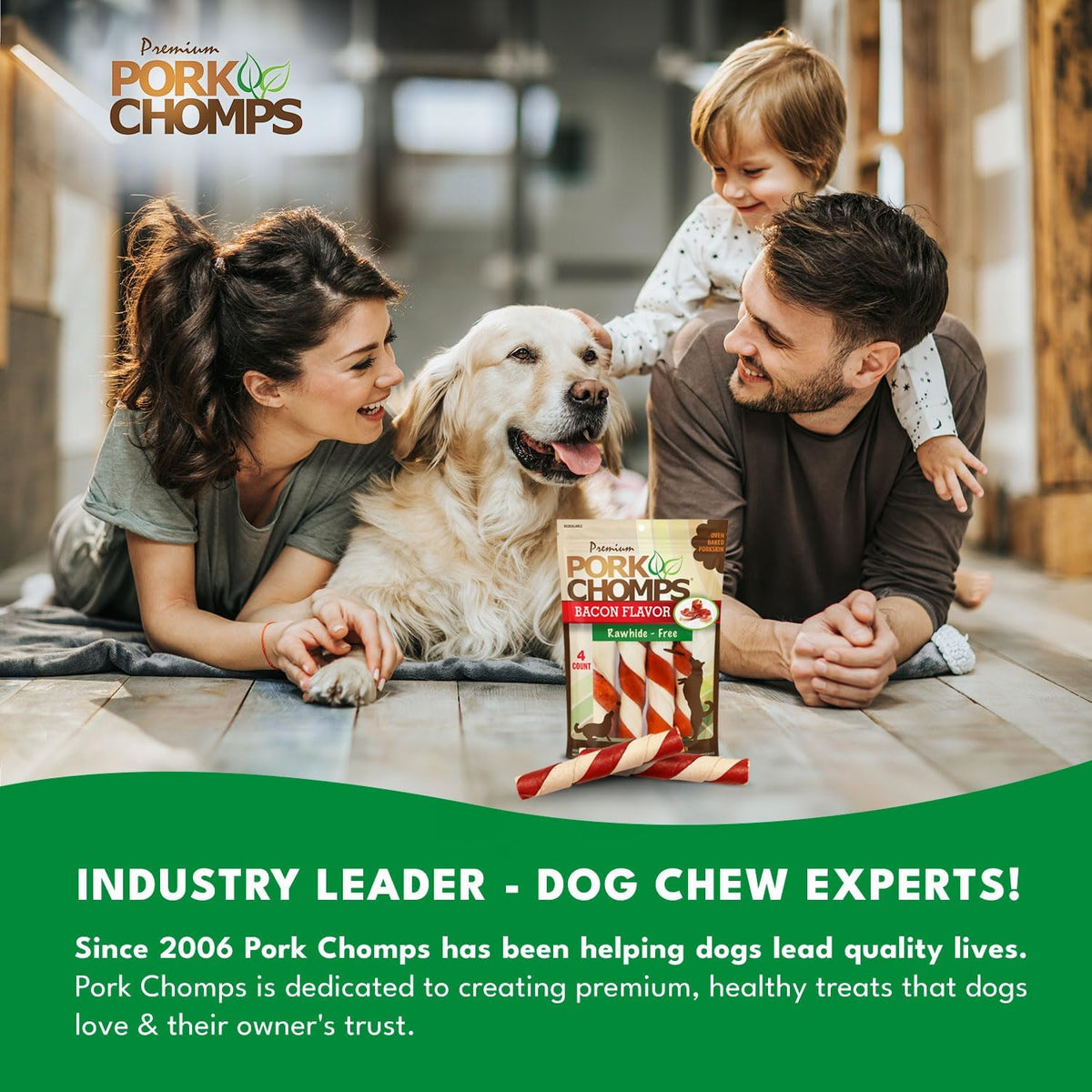 Pork Chomps Roasted Pork Skin Dog Chews, Long Lasting 6in Twists, 4 Count