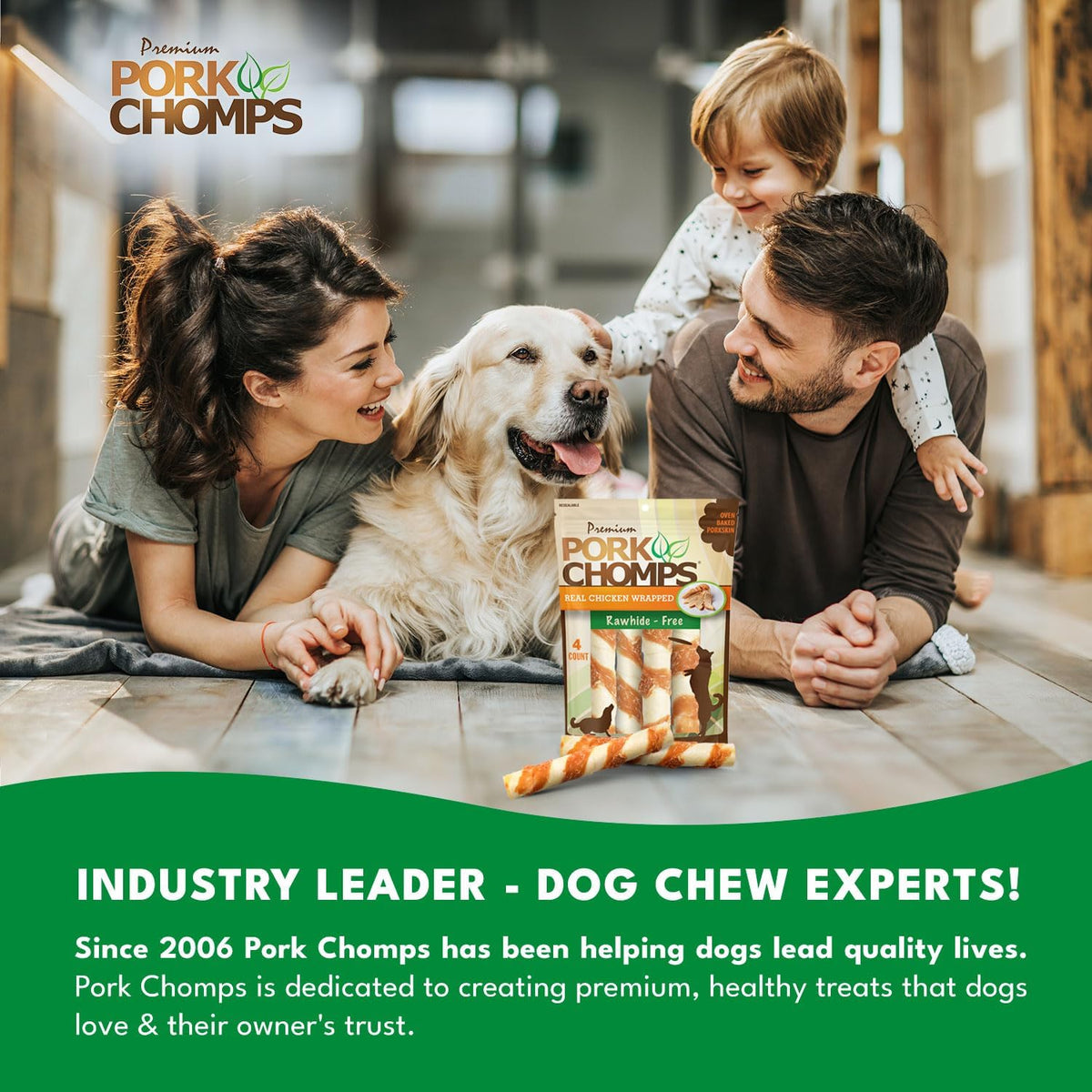 Pork Chomps Roasted Pork Skin Dog Chews, Long Lasting 6in Twists, 4 Count