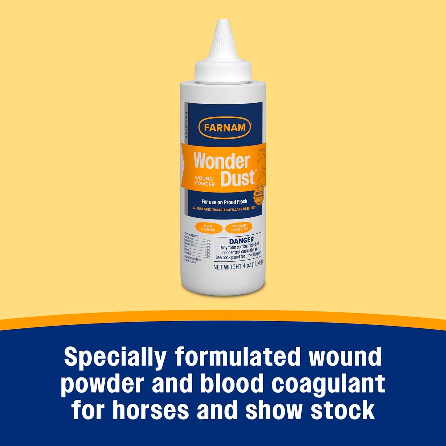 Farnam Wonder Dust Wound Powder, Blood Coagulant for Horses and Show Stock, For Use on Proud Flesh, Granulated Tissue, 4 Ounces