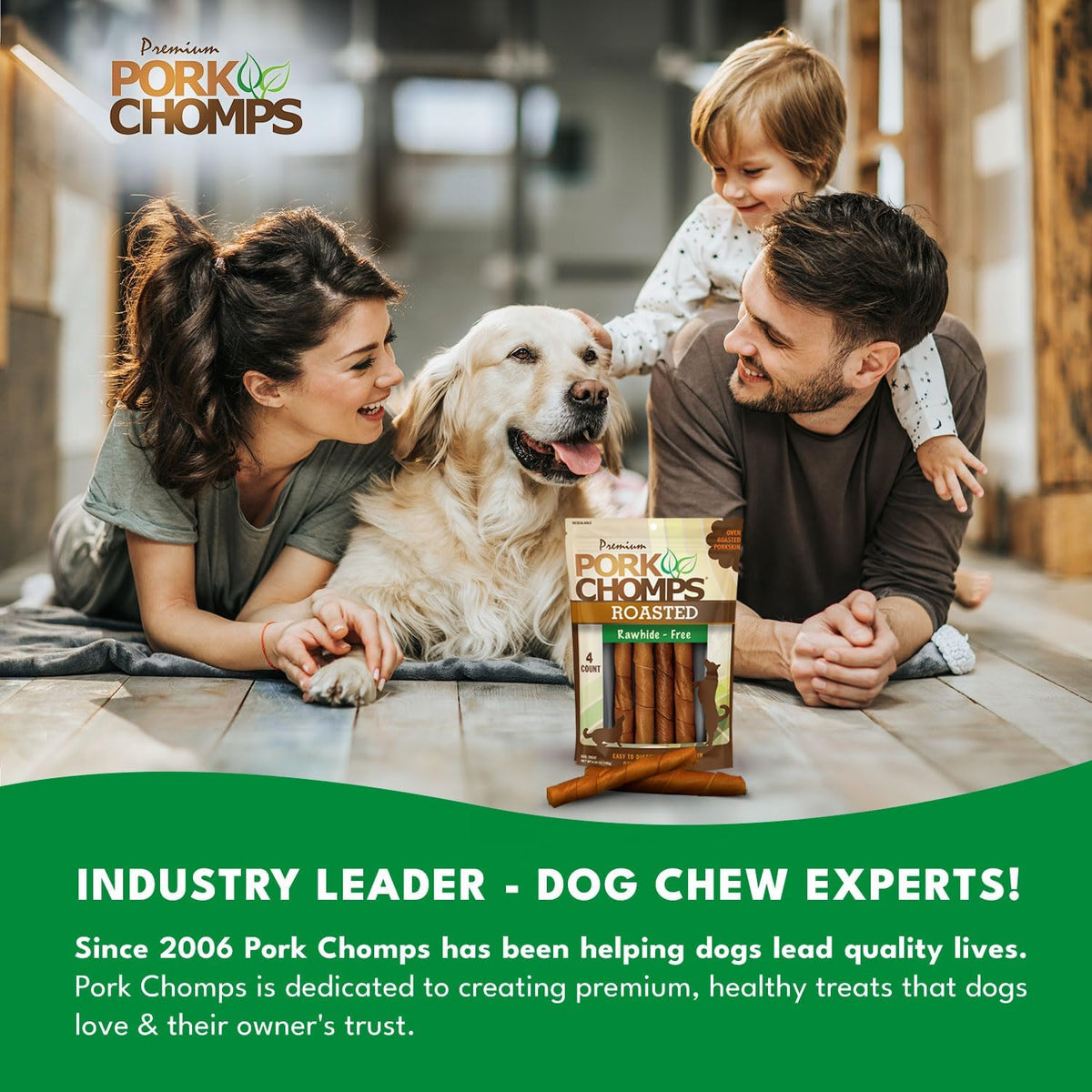 Pork Chomps Roasted Pork Skin Dog Chews, Long Lasting 6in Twists, 4 Count