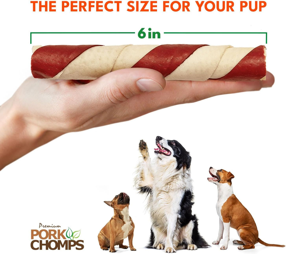 Pork Chomps Roasted Pork Skin Dog Chews, Long Lasting 6in Twists, 4 Count