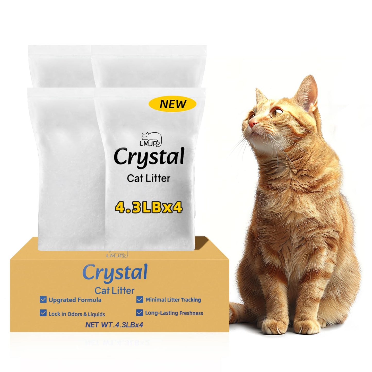 LMJP Crystal Cat Litter with Powerful Odor Control, Non-Clumping, Lasts Up to 2 Months, 8.6lb, Rapid Water Absorption, Unscented & Low Tracking Lightweight Blue & White Silica, 2 Pack of 4.3lb