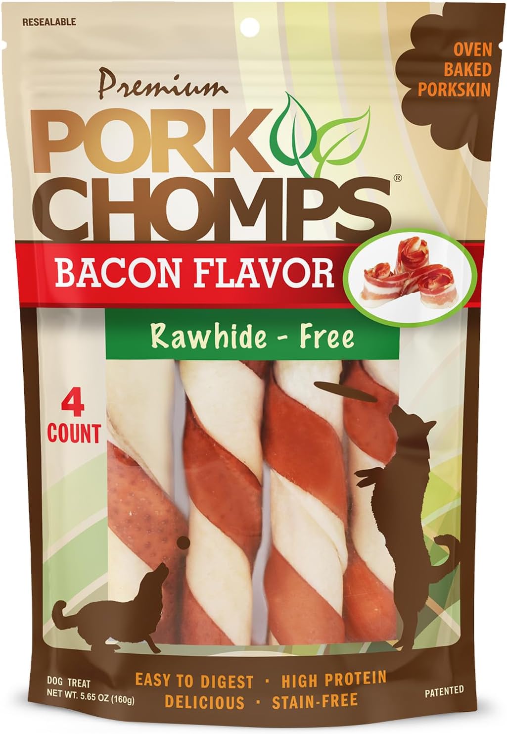 Pork Chomps Roasted Pork Skin Dog Chews, Long Lasting 6in Twists, 4 Count