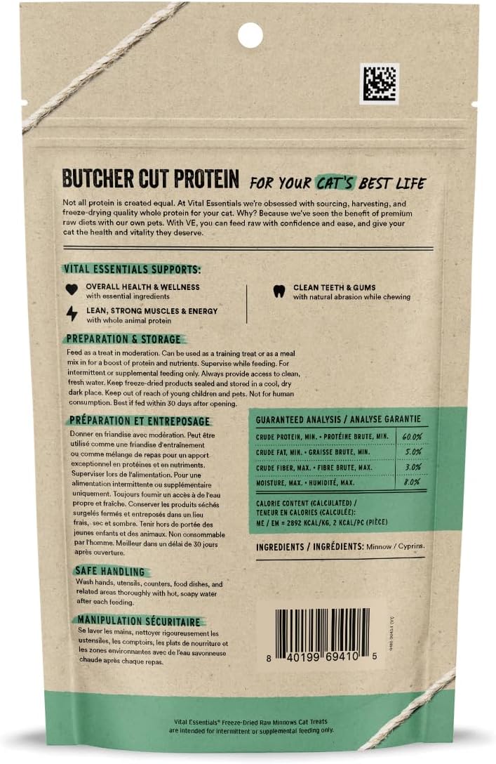 Vital Essentials Freeze Dried Minnows Cat Treats | Single Ingredient | Premium Quality | Grain Free, Healthy Treats for Cats, 1 oz Bag
