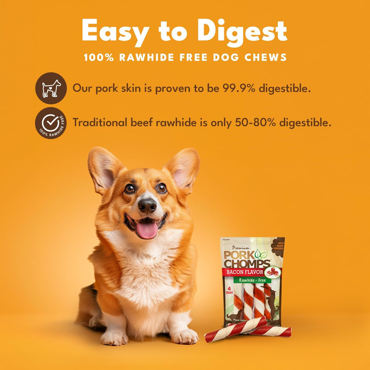 Pork Chomps Roasted Pork Skin Dog Chews, Long Lasting 6in Twists, 4 Count