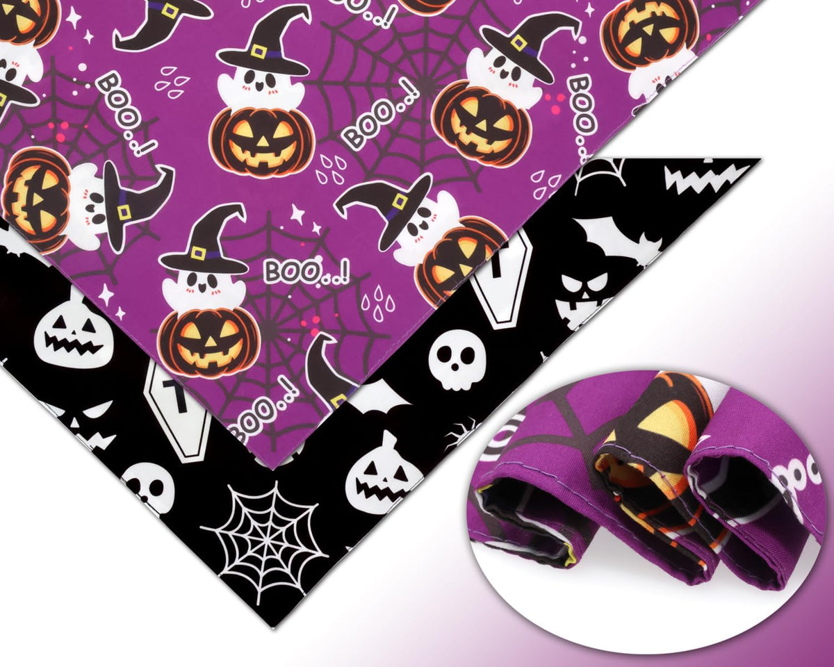 Halloween Dog Bandanas,Pumpkin and Cute Ghost Pet Scarf,Seasonal Outfit for Boy and Girl Dogs,Reversible Holiday Dog Costume for Medium to Large Dogs(2PCS,Purple,Black&White)