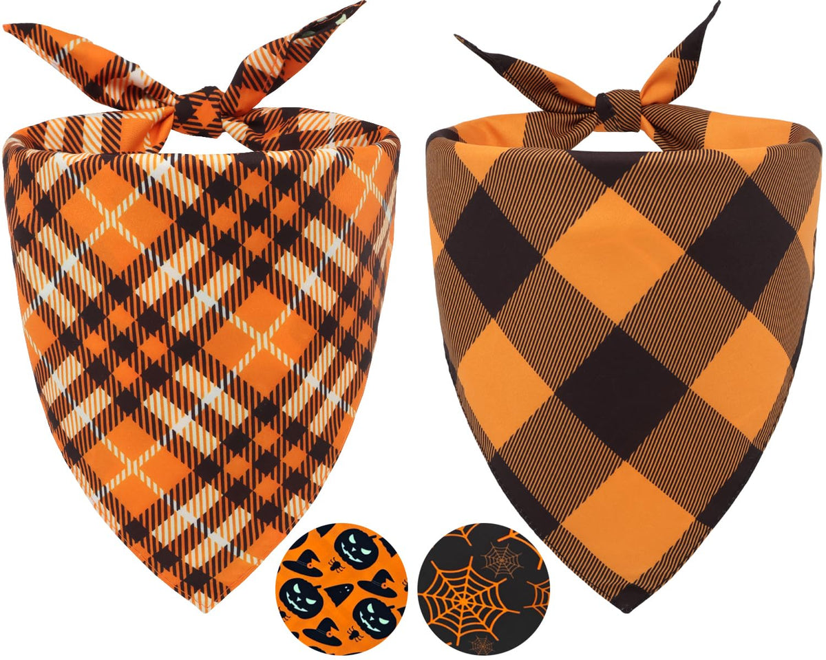 Christmas Dog Bandanas 2PCS-Large,Red-Green Plaid Scarf w/Tassels for Dogs