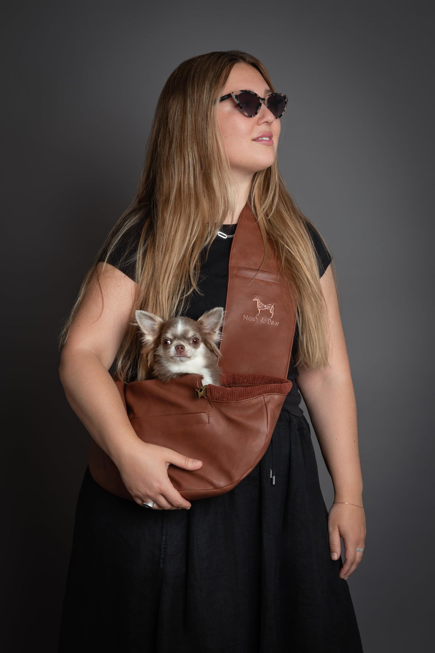 Noah & Paw Dog Sling Carrier for Small Dogs 5-18lb, Dog Sling for Small Dogs and Cats, Dog Carrier with Adjustable Padded Strap, Vegan Leather Lined with Fur, 3X Safety Features, Machine Washable